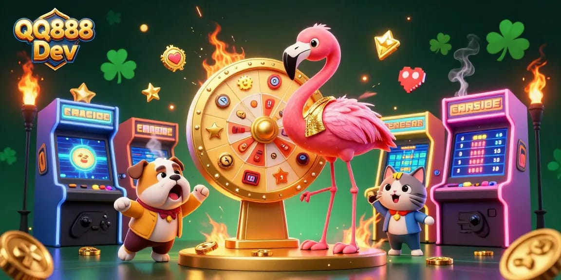 Engage with the vibrant world of QQ888 Dev's gambling excitement through this dynamic illustration.