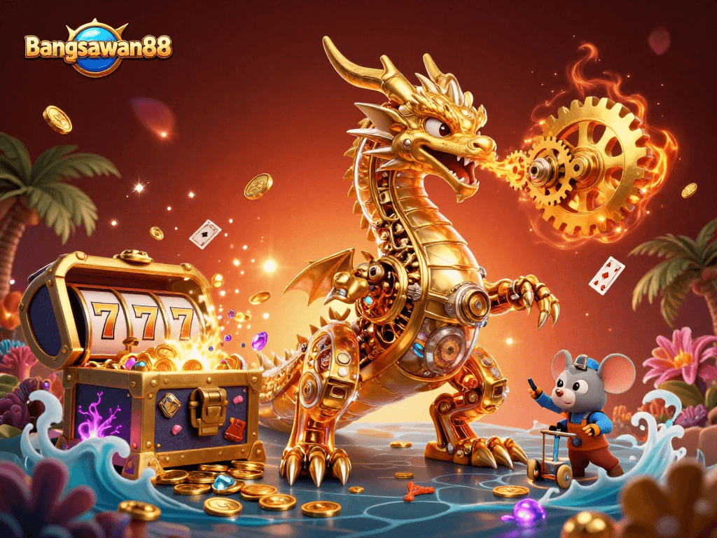Experience the thrill of bangsawan88 with a captivating golden dragon amid treasures in this casino artwork.