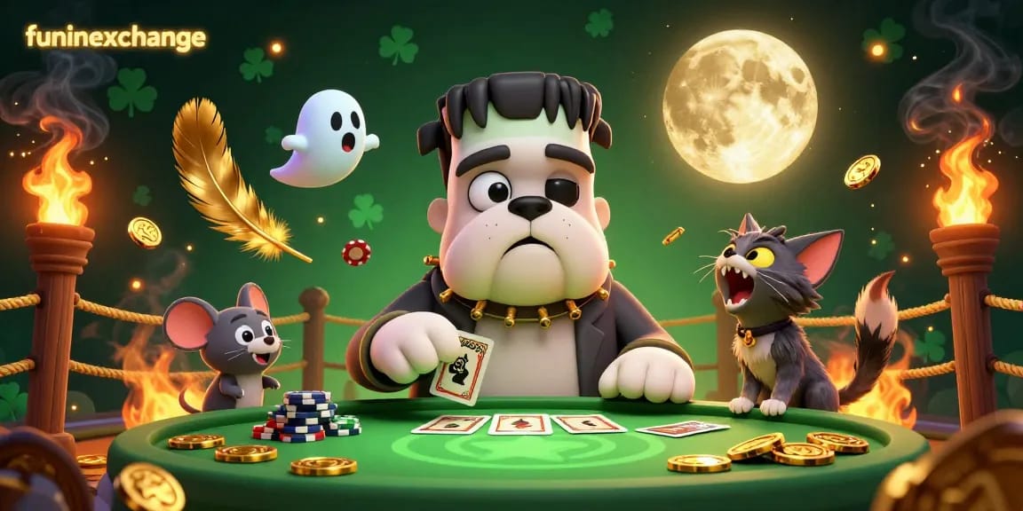 Experience thrilling gameplay on funinexchange with a 3D Frankenstein bulldog dealer at a vibrant casino.