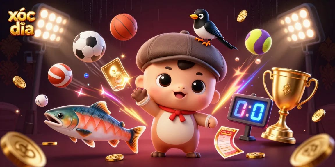 Xóc đĩa players enjoying a vibrant scene filled with dynamic 3D elements, gold coins, and lively characters.