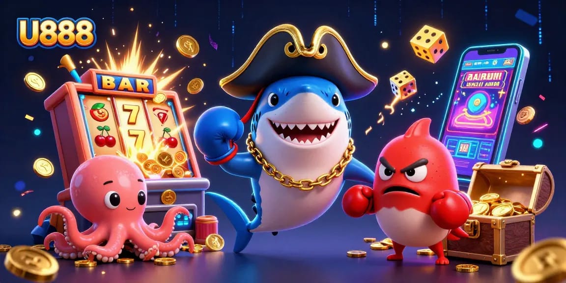 Experience U888's thrilling jackpot with a pirate shark, boxing pufferfish, and winning octopus in action!