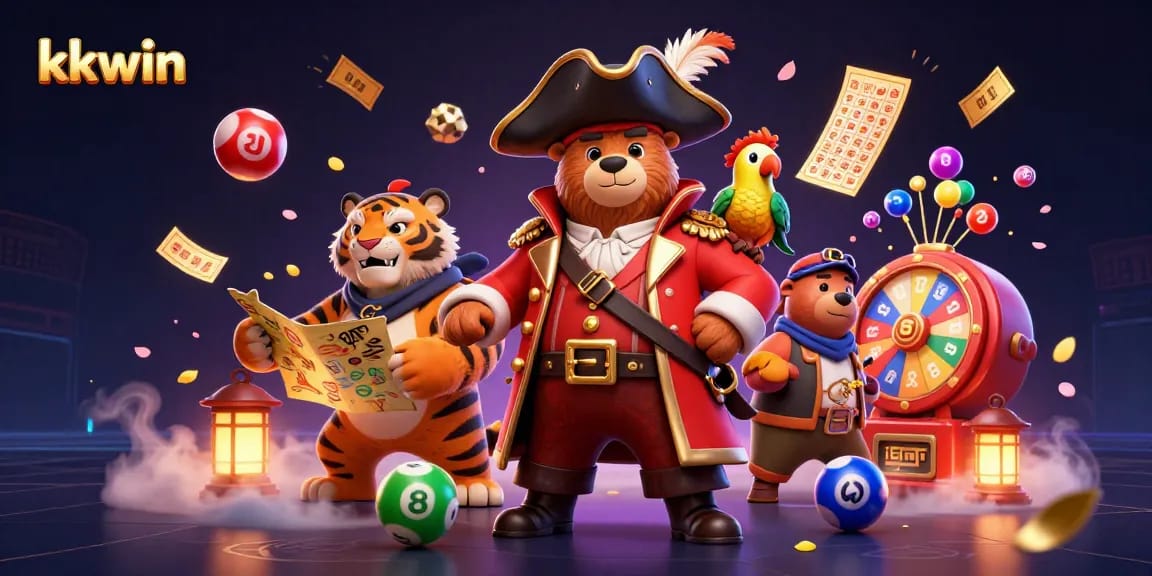 Engage with kkwin's vibrant gaming universe featuring dynamic lottery balls, a bear captain, and treasure map.