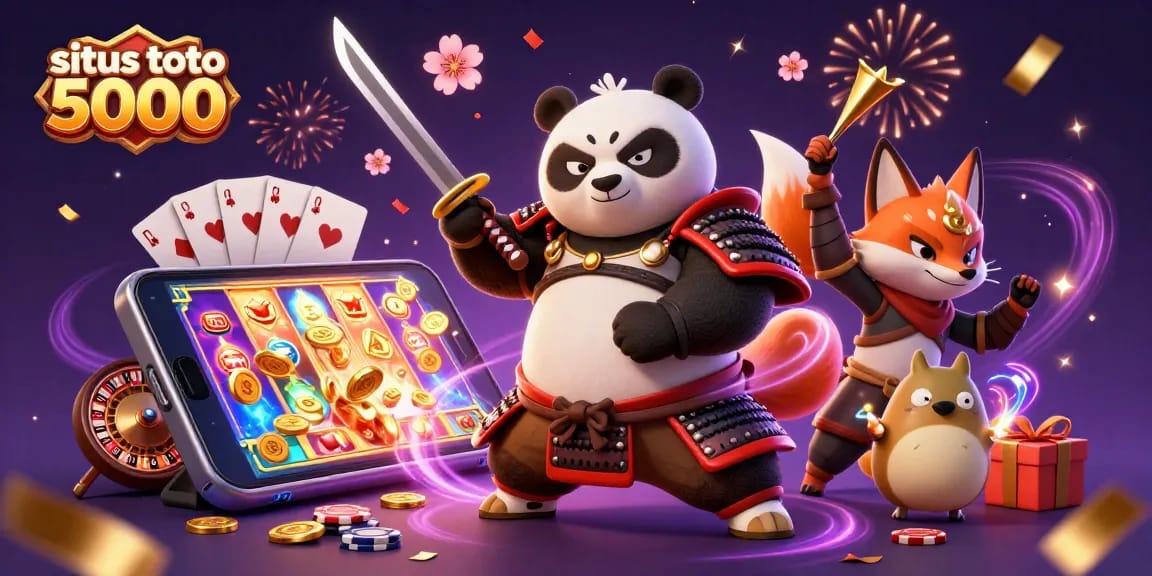 Experience thrilling gameplay with situs toto 5000, featuring a samurai panda and ninja fox in a rich casino scene.
