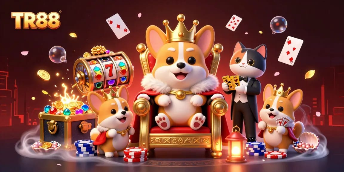 Experience excitement at TR88 with a royal corgi and gaming elements in a vibrant casino scene.