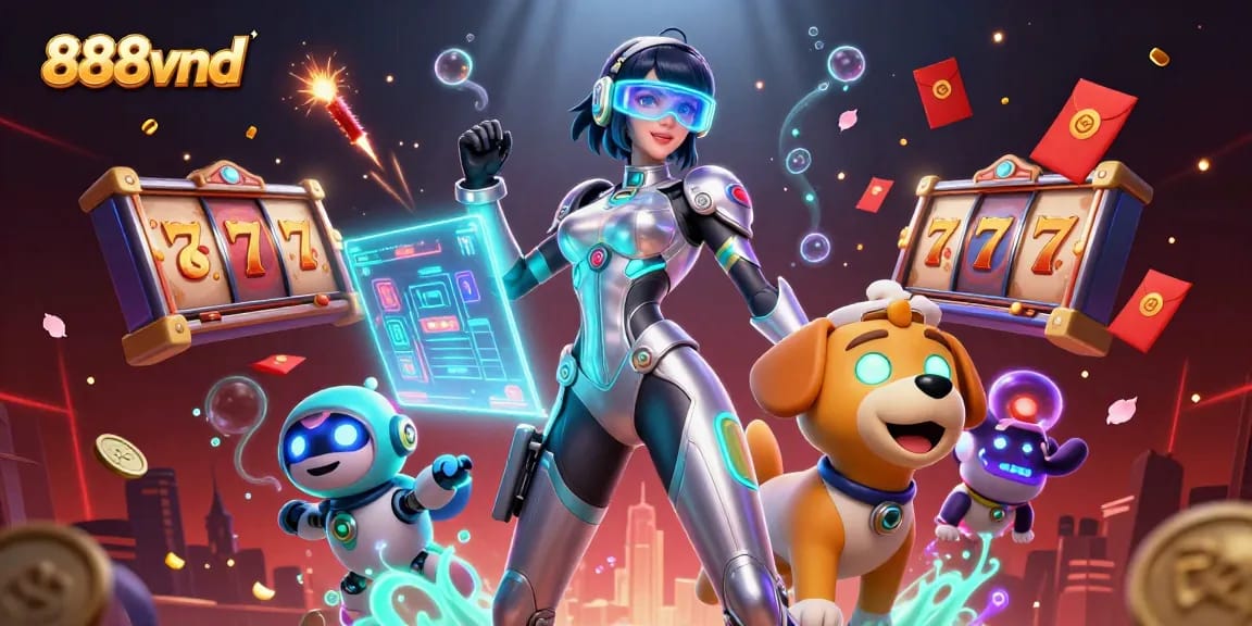 Experience thrilling gaming action with 888vnd's vibrant casino illustration showcasing dynamic slot elements.