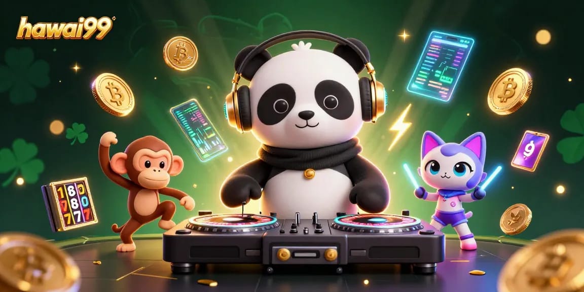 Engage with hawai99 featuring a DJ panda and breakdancing monkey in a vibrant casino scene.