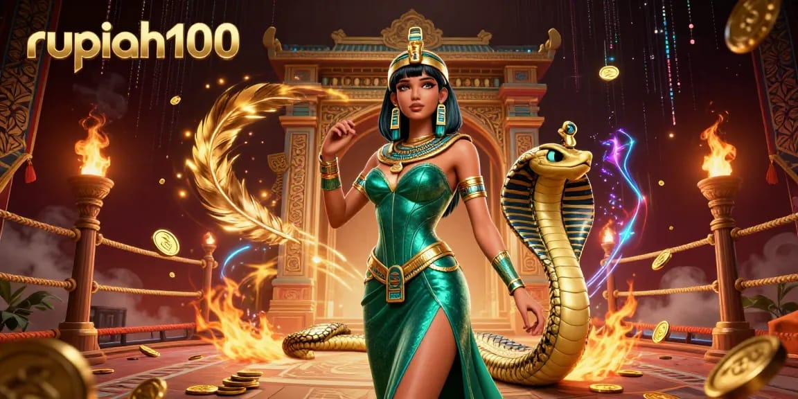 Engage with thrilling action at rupiah100, featuring an emerald gown-clad woman and a cobra companion in a vibrant casino scene.
