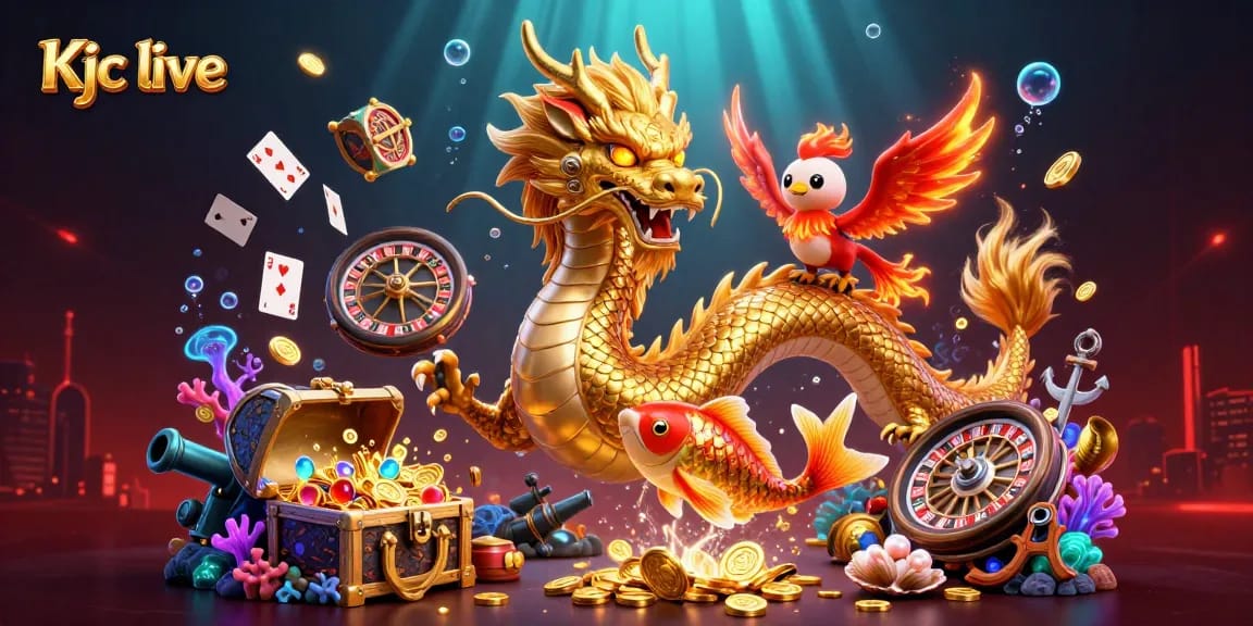 Engage with Kjc live casino excitement through a dynamic scene featuring a golden dragon and floating roulette wheels.