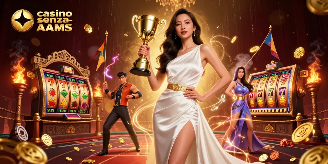 Scopri l'emozione dei casino senza AAMS con un'illustrazione straordinaria che mostra vittoria ed elementi di gioco.