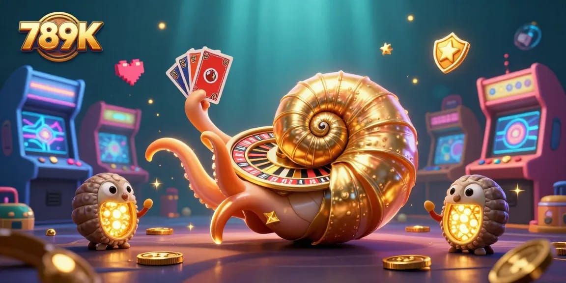 Try your luck at 789K's vibrant 3D casino scene, featuring a nautilus roulette wheel and glowing game machines.