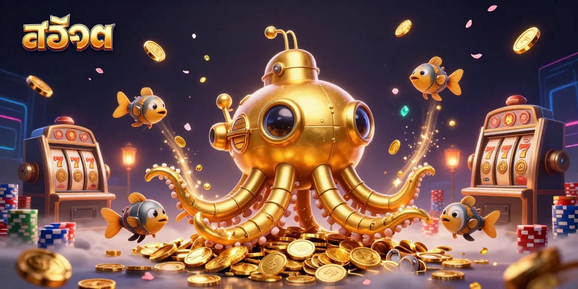 Spin big wins in สล็อต with golden kraken and vibrant casino symbols in a dynamic scene.