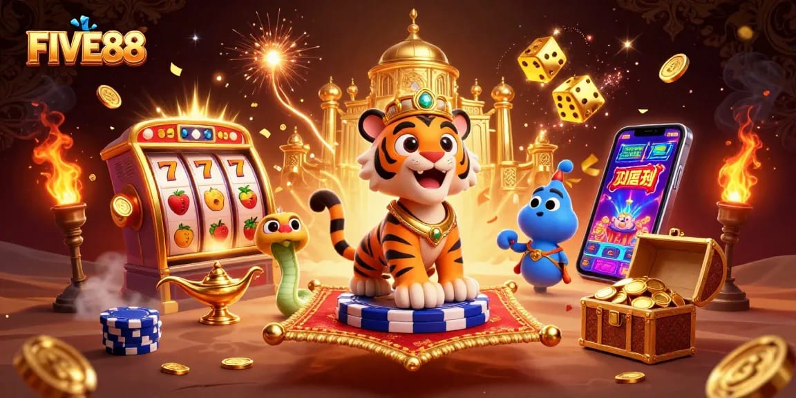 Engage with FIVE88 in a vibrant, 3D casino scene filled with riches and excitement.