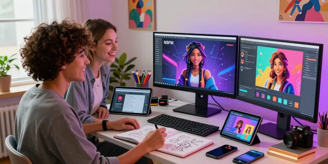Young couple exploring interactive NSFW AI characters on sleek desktop setup, characterized by vibrant avatars and ambient lighting.