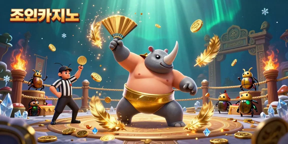 Experience thrilling gaming action with 조이카지노's vibrant 3D illustration depicting a beetle champion amidst gold coins.