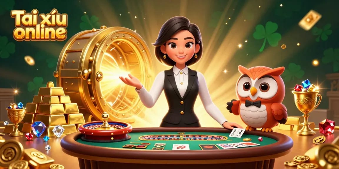 Experience the excitement of Tài xỉu online in an ultra-detailed 3D casino illustration featuring vibrant characters and game elements.