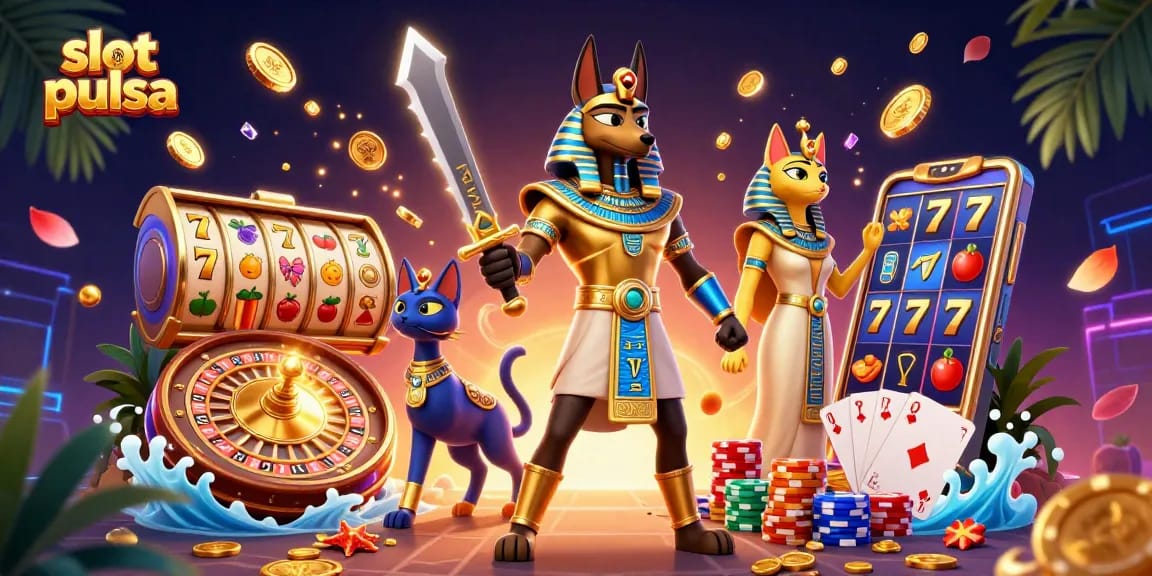 Rasakan sensasi slot pulsa dengan Anubis dan Bastet di tengah koin berjatuhan dan jackpot.