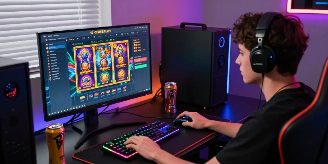 Dynamic gaming scene showcasing a user engaging with the Link Alternatif Cemeslot platform at a modern computer setup with vibrant graphics and gaming peripherals.