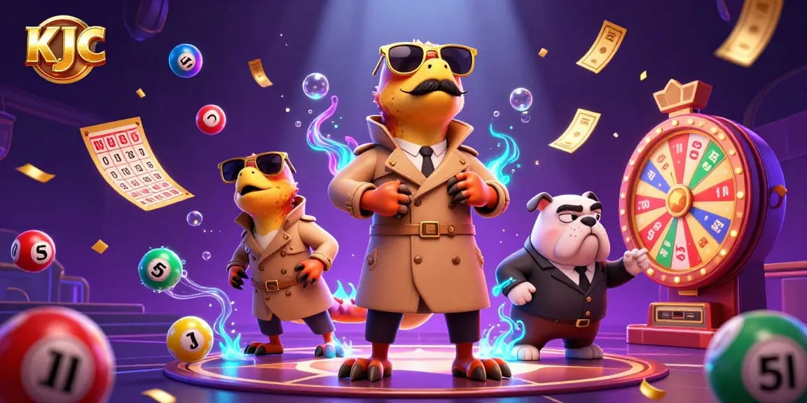 Experience the vibrant excitement of gambling at KJ C with three raptors in disguise amidst colorful casino elements.