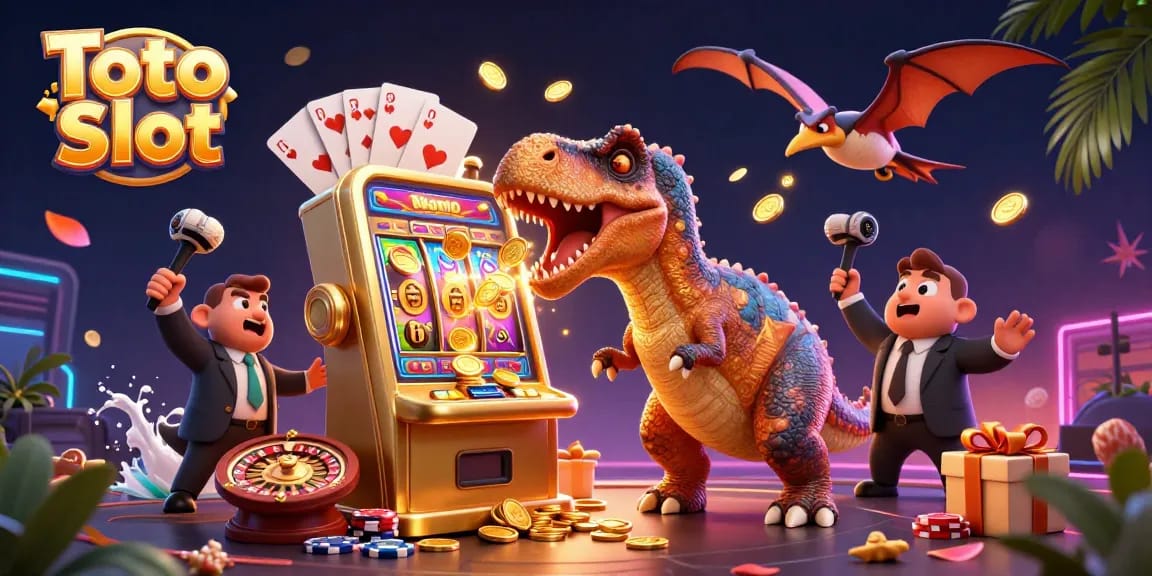 Toto Slot menampilkan kepala pachycephalosaurus memukul mesin slot emas, dikelilingi koin emas dan elemen kasino lainnya.