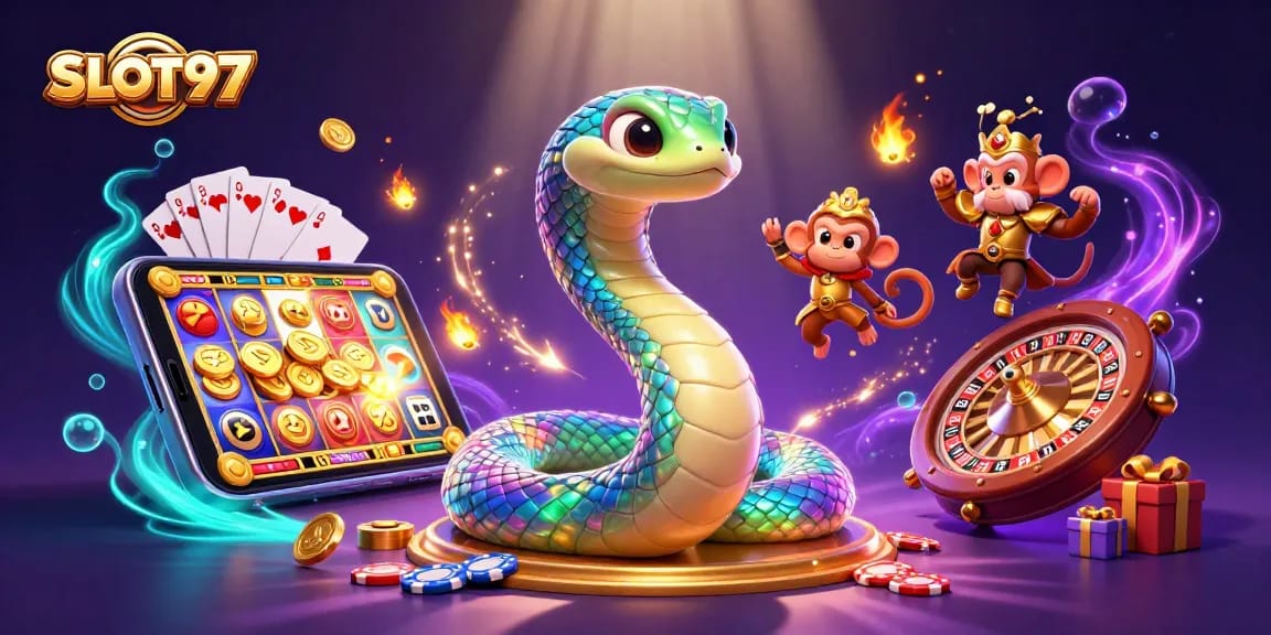 Engage with SLOT97's vibrant online slot games featuring a rainbow serpent and dynamic gameplay elements.
