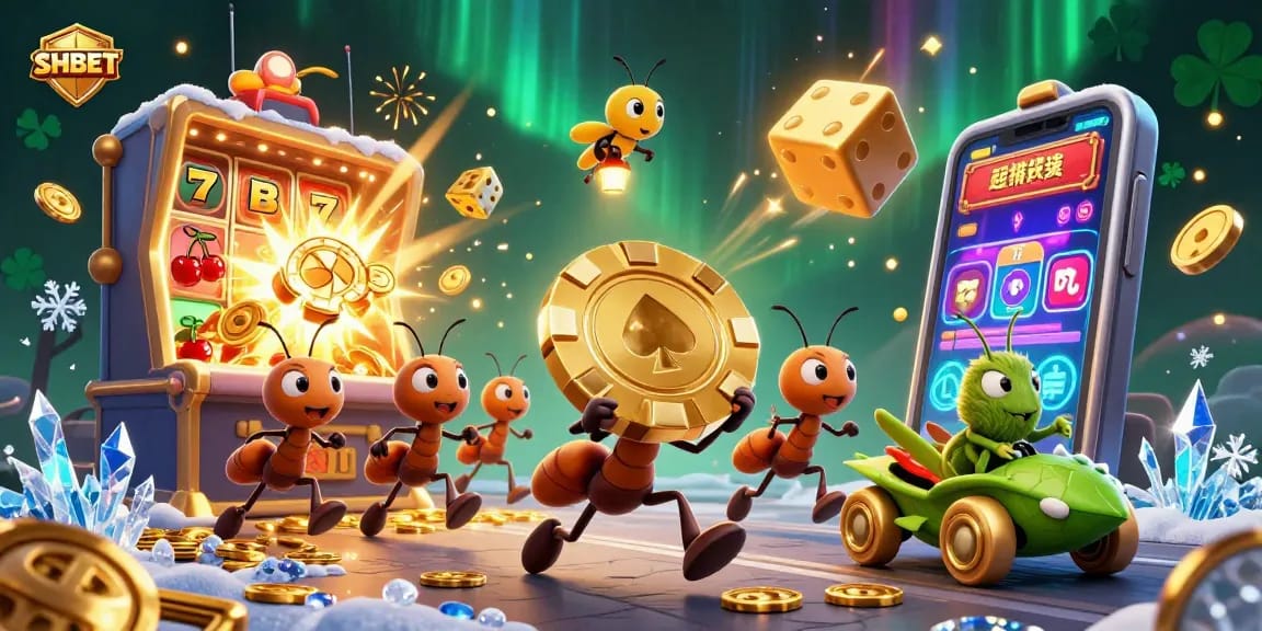 Immerse in SHBET's vibrant casino world with ants hauling a giant poker chip amidst explosive gaming elements.