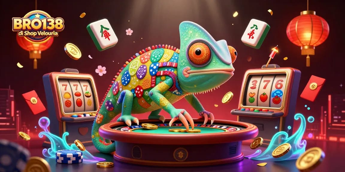 BRO138 di Shop Velouria showcases a vibrant casino scene with a chameleon owner amidst slot reels and festive decorations.