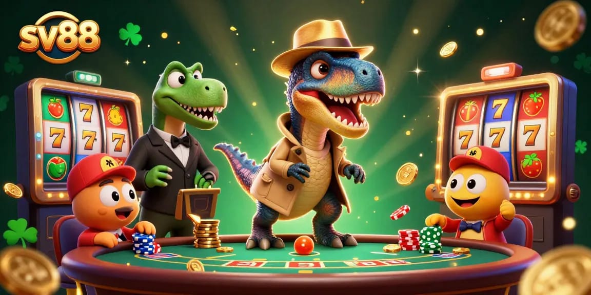 sv88 cartoon velociraptor trying to blend in at a blackjack table while a pit boss observes