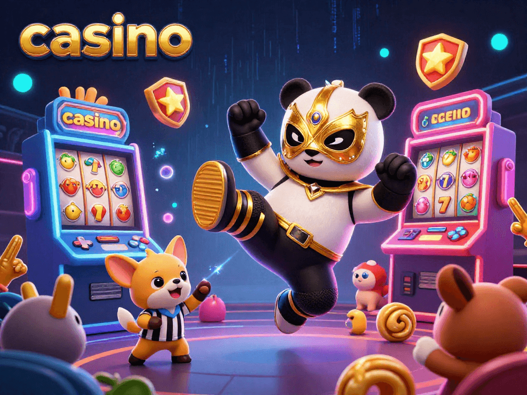 Experience excitement at the casino with a panda wrestler performing a flying kick amid dazzling slot machines.
