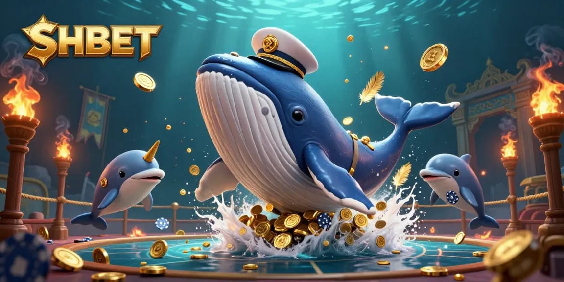 Engage in thrilling gambling action at SHBET, featuring a dynamic 3D scene with playful dolphin tricks.