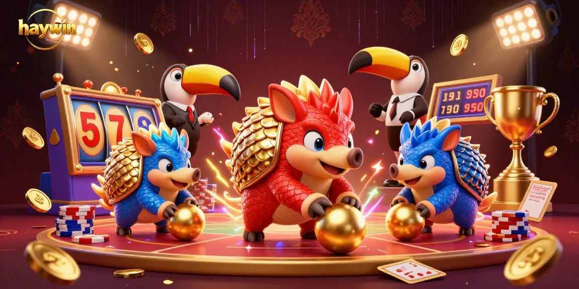 haywin casino pangolins playing slots and bowling through poker chips in a vibrant scene