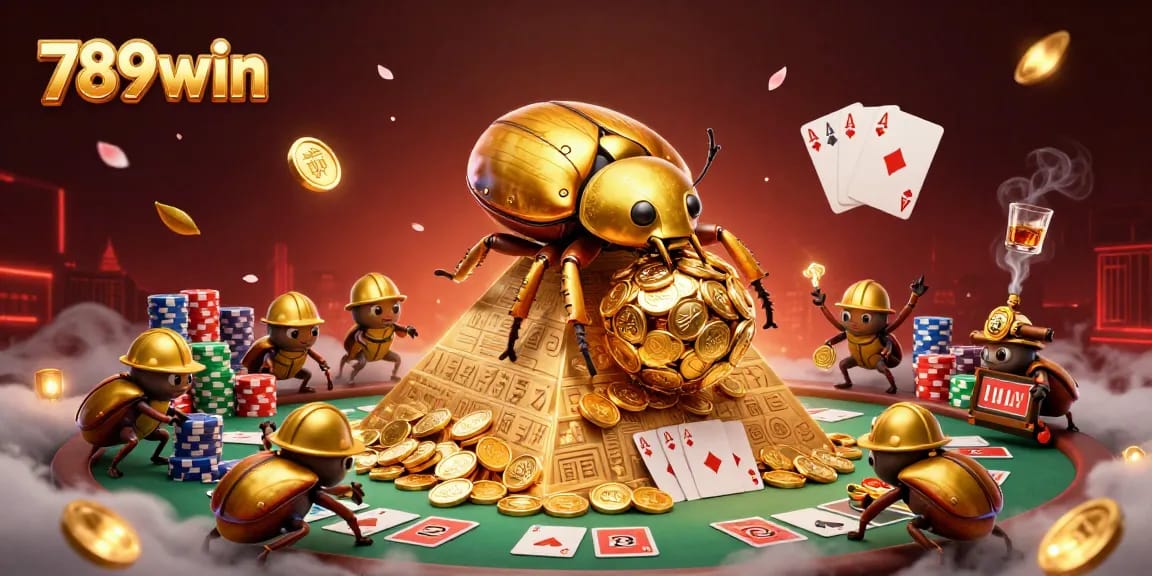 Experience the thrill of gambling with 789win, featuring dynamic 3D illustration of beetles and casino elements.