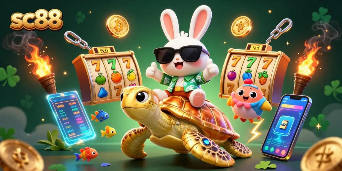 Experience exciting wins at sc88 with a lucky rabbit and golden turtle in a vibrant casino scene.