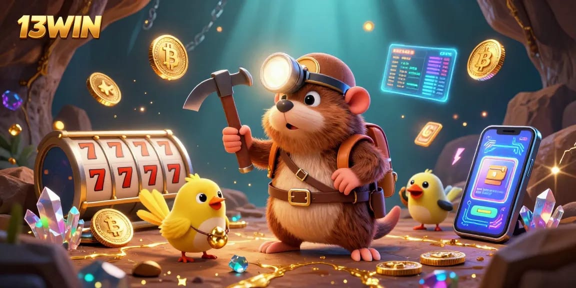 Engage with the exhilarating world of 13WIN slots featuring a treasure hunter and crypto coins in vibrant 3D.