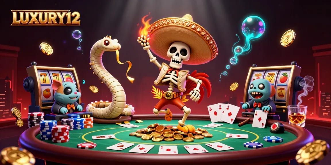 LUXURY12 brings excitement with a vibrant casino scene featuring a dancing skeleton, mummy snake, and zombie DJ.