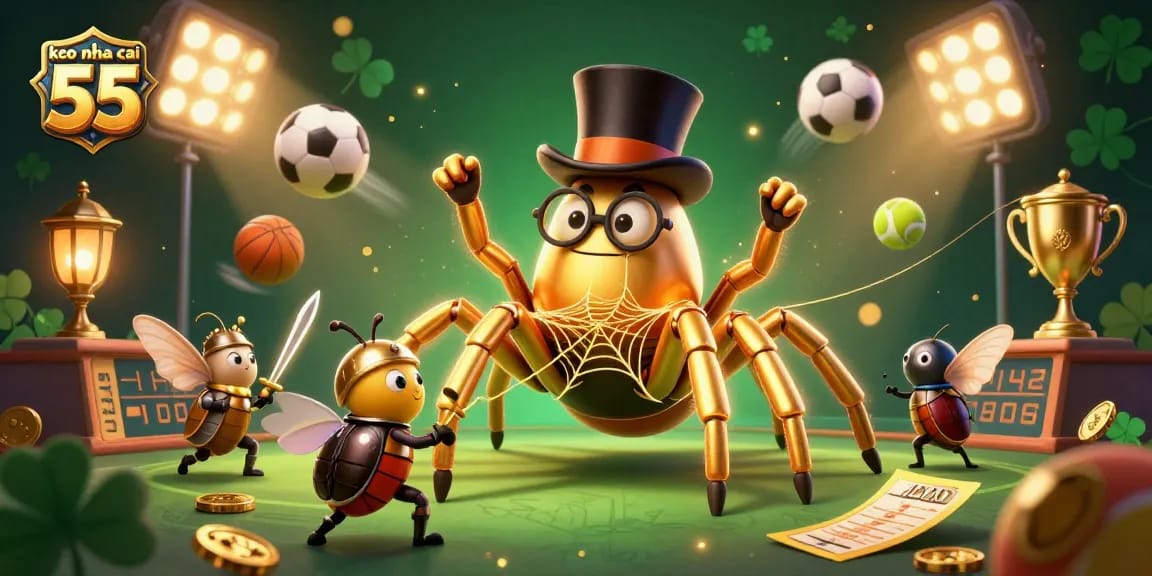Engage with keo nha cai 55 as a tarantula weaves golden threads in a dynamic sports setting.