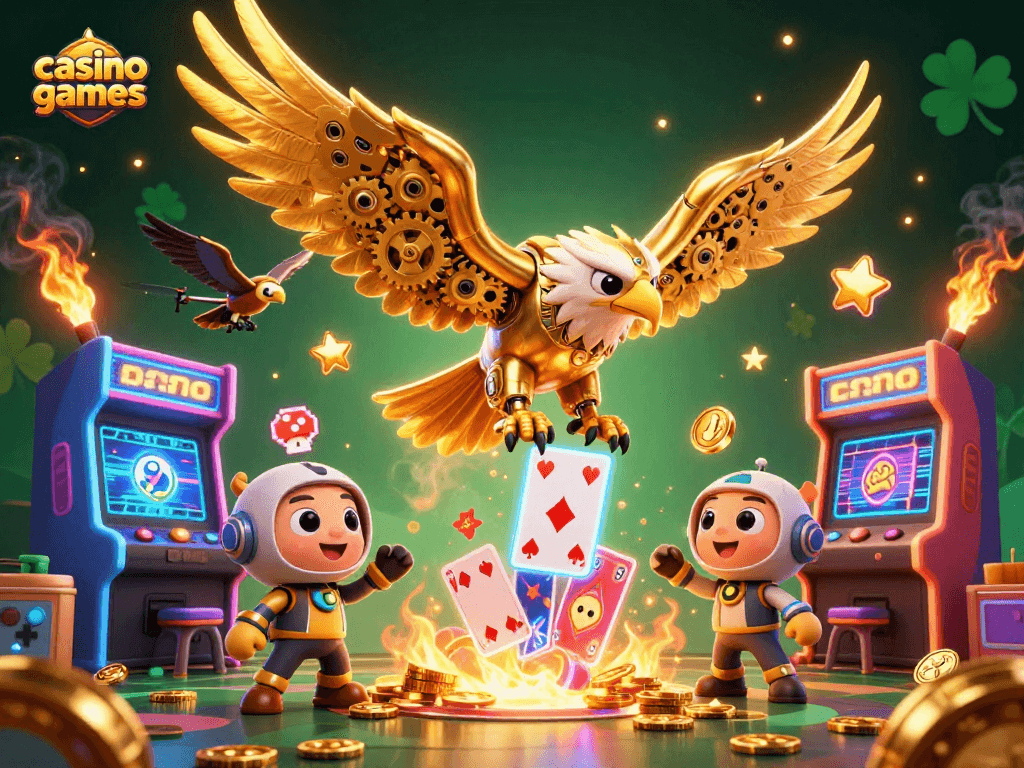 Experience exciting casino games with a cybernetic golden eagle amidst vibrant 3D arcade elements.