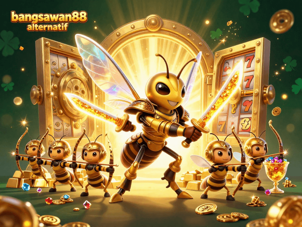 Engage with bangsawan88 alternatif through an enchanting 3D illustration of a samurai hornet with treasure elements.