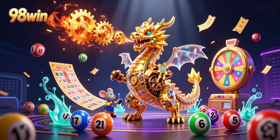 Breathe in the excitement at 98win with a vibrant digital art scene featuring a golden dragon and playful lottery elements.