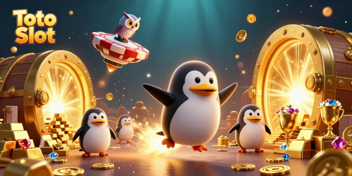 Toto Slot gaming experience with a golden penguin rocket, treasure vault, and sparkling casino elements in dynamic space.