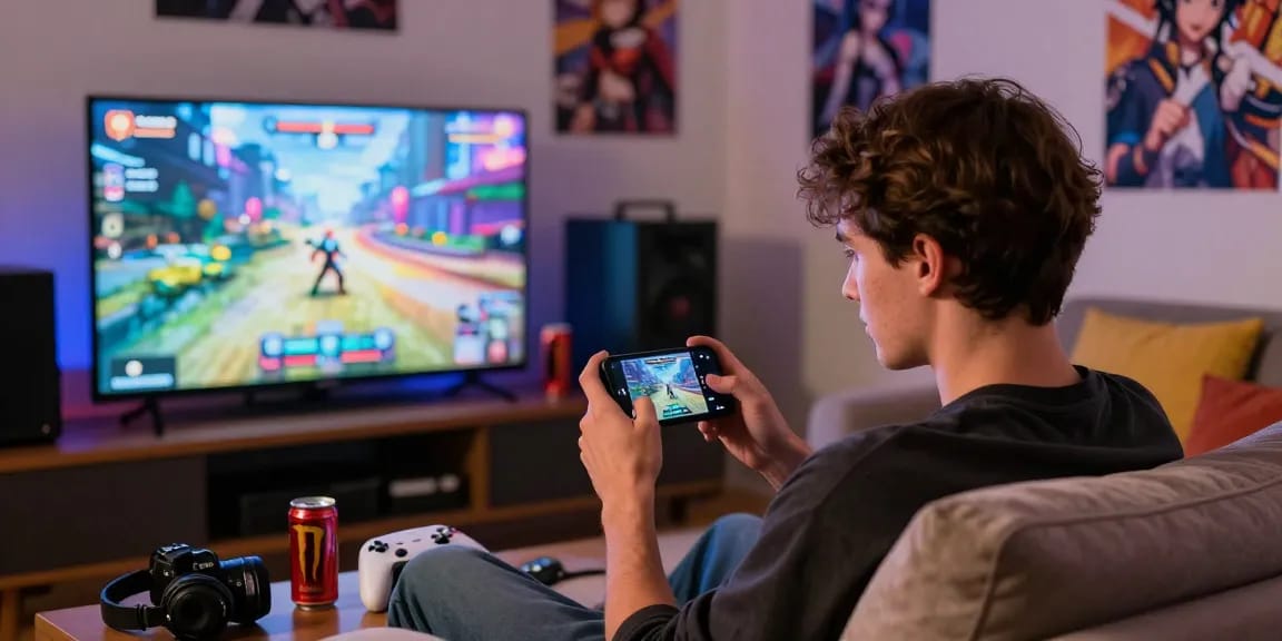 Engaged gamer playing an android hentai game in a cozy living room surrounded by colorful gaming decor.