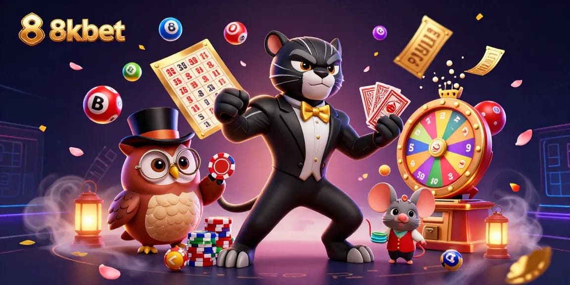 Experience the vibrant casino world of 8xbet with colorful games and charming characters.
