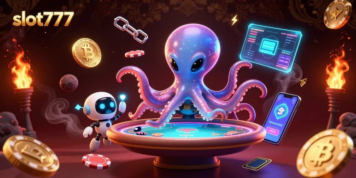 Experience thrilling slot777 gameplay with our alien octopus, while high-stakes elements orbit around the holographic table.