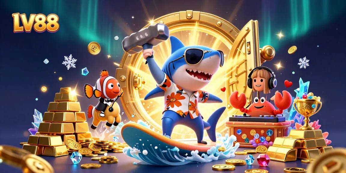 Experience LV88 gaming excitement with a colorful underwater casino adventure illustration.