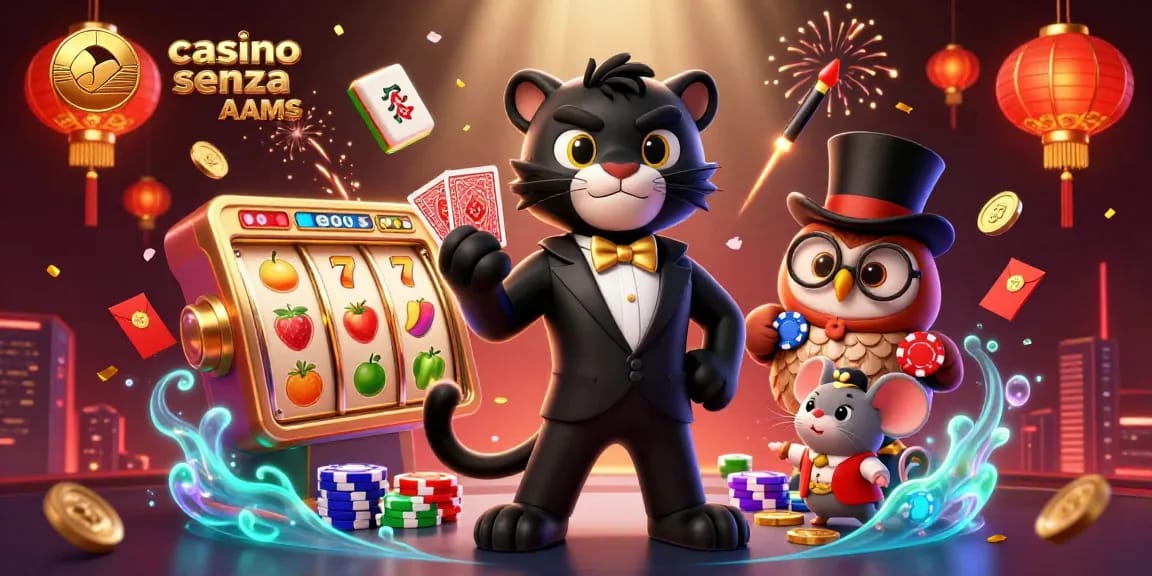 Personaggi carini al casino senza AAMS con una pantera, un gufo e un topo tra elementi di gioco vivaci.
