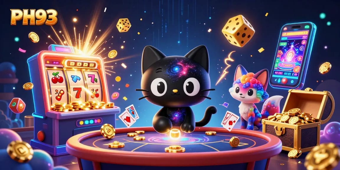 Experience thrilling gaming with PH33 as a black hole cat wins big at a cosmic casino.