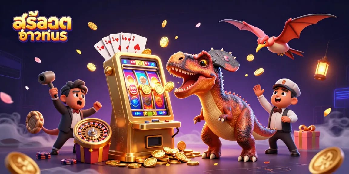 Gambaran slot game สล็อตทดลอง dengan karakter dinosaurus di kasino, menampilkan keseruan permainan jackpot.