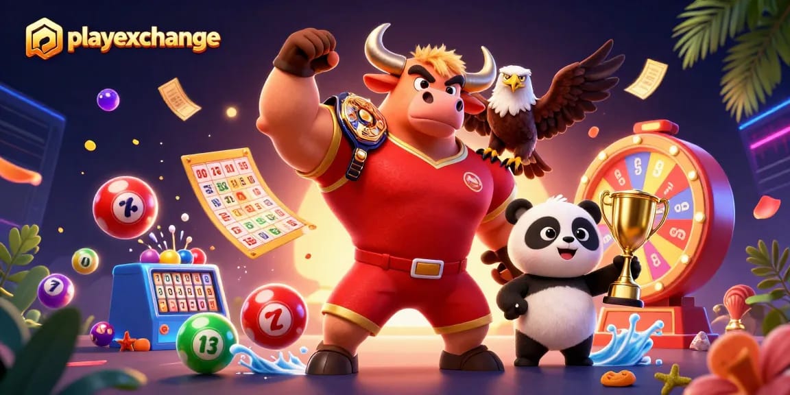 Experience winning with playexchange's exciting dynamic illustration featuring a victorious bull, eagle, and panda.