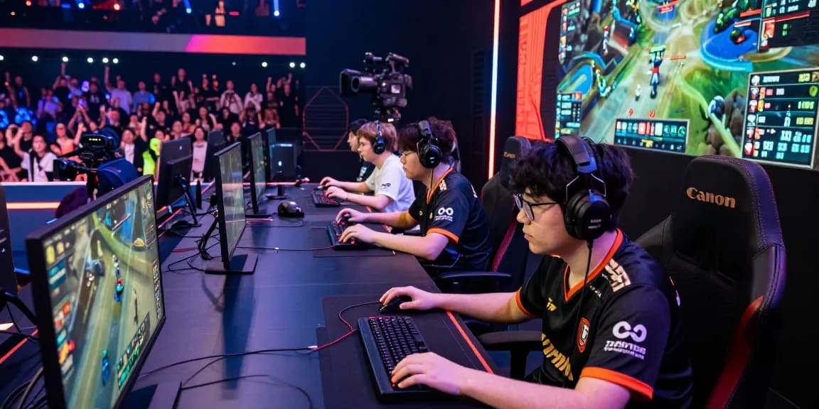 Suasana arena esports yang penuh warna dengan pemain terjun4d dalam aksi kompetitif.