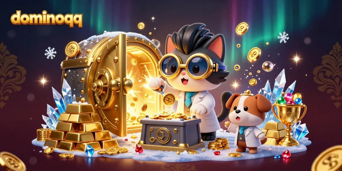 Play dominoqq while experiencing a vibrant scene of a mad scientist cat and assistant creating gold coins.