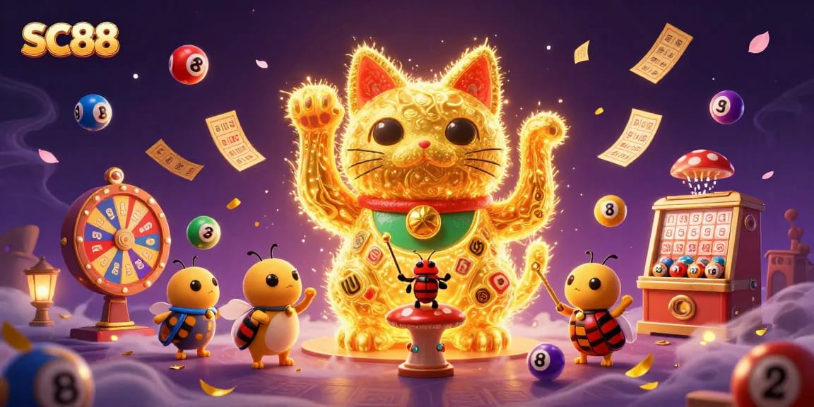 SC88 showcases a vibrant 3D illustration of a lucky cat with dynamic casino elements, celebrating exciting wins.